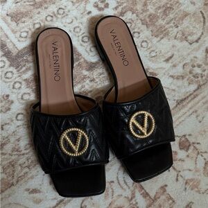 Valentino Black Quilted Slide Sandals with Gold V Logo